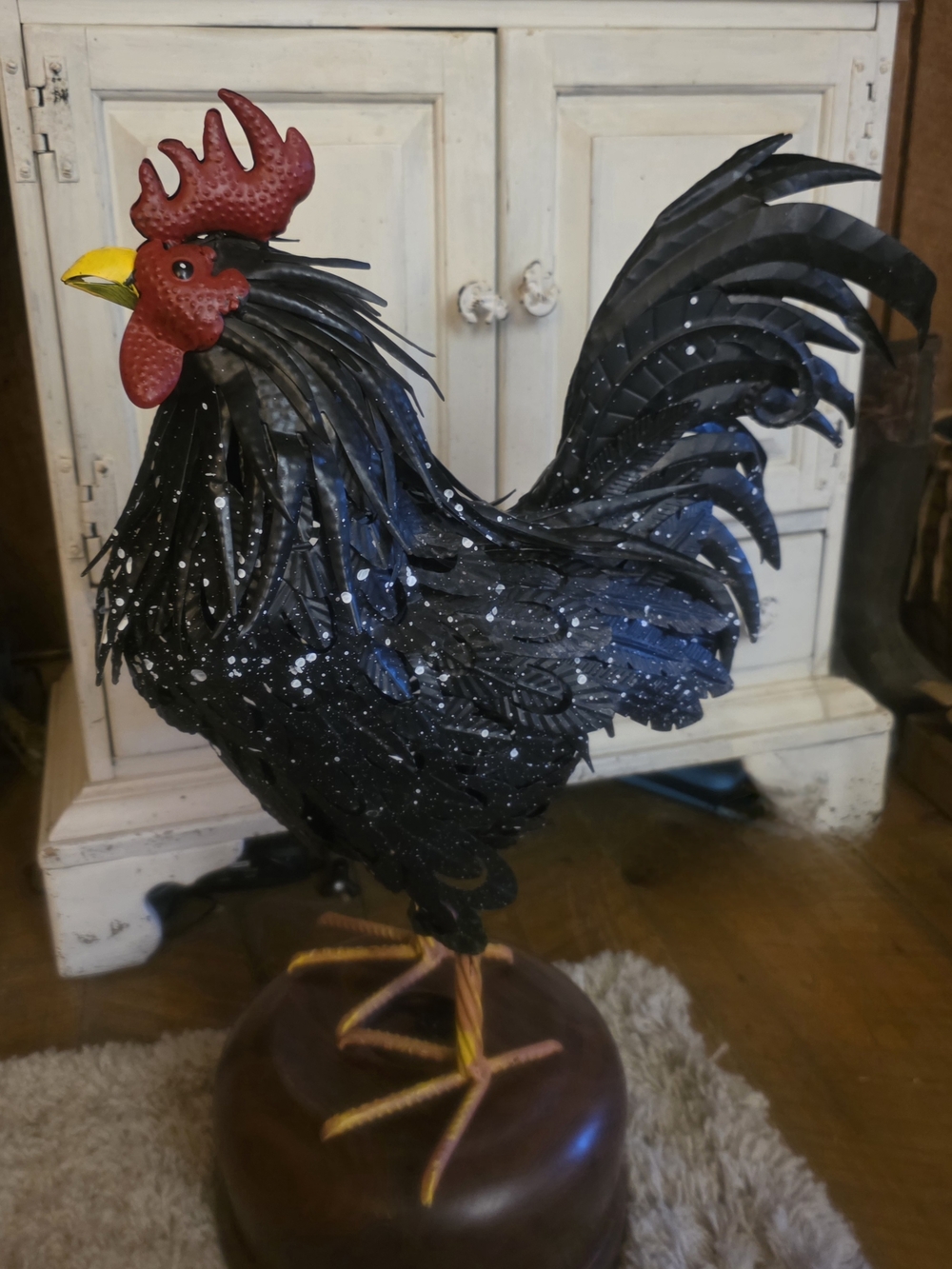 Large Black Metal Rooster Sculpture with Red Comb & d Intricate fabrication.